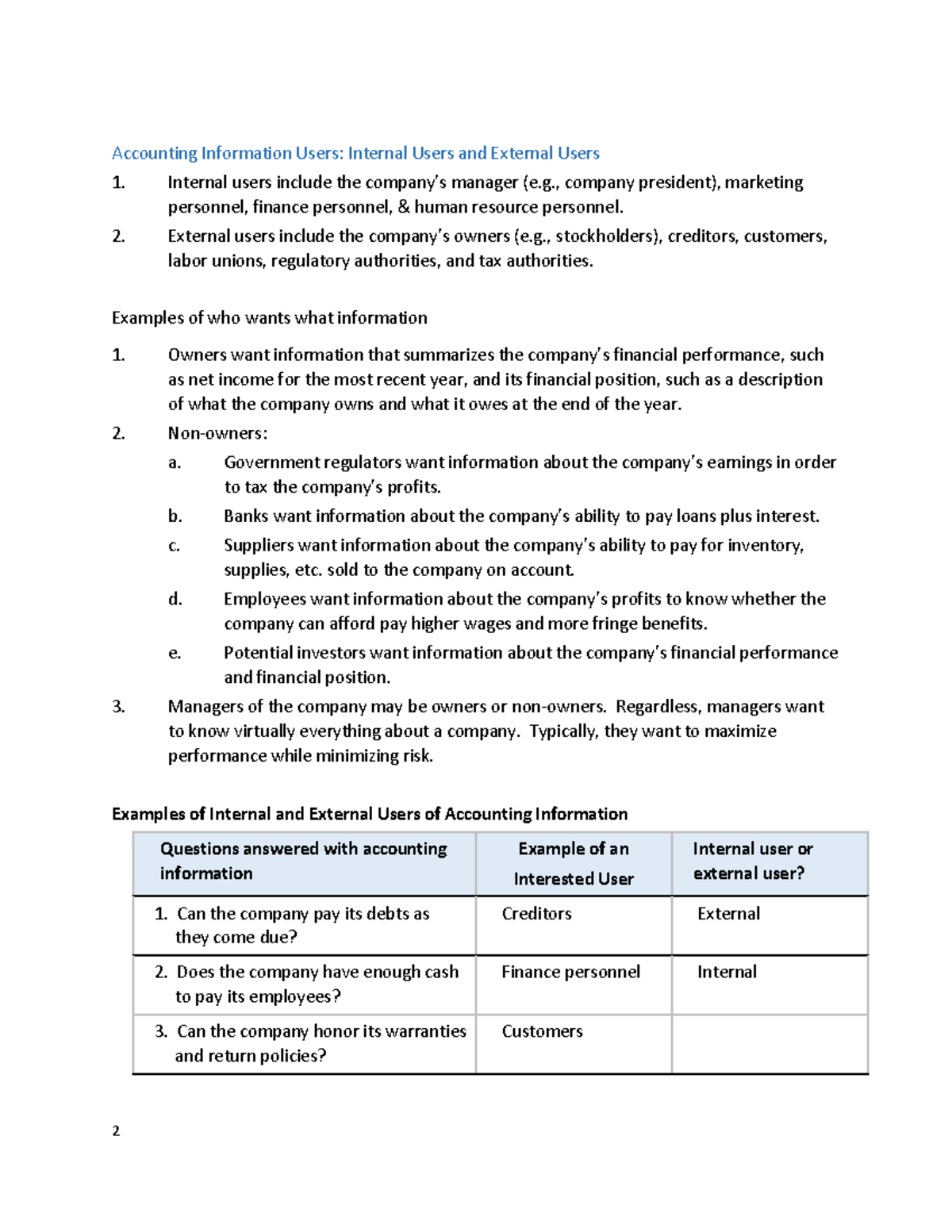 Chapter 1 the real 2 - 2 Accounting Information Users: Internal Users ...