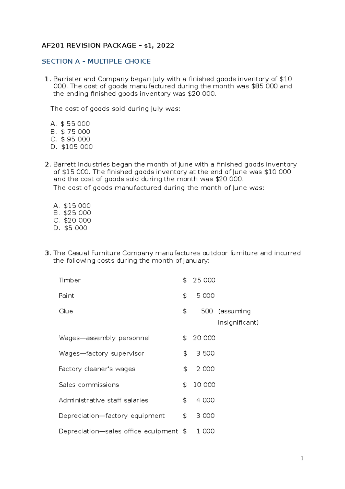 AF201 Revision Package S1 2022: Multiple Choice & Management Accounting ...
