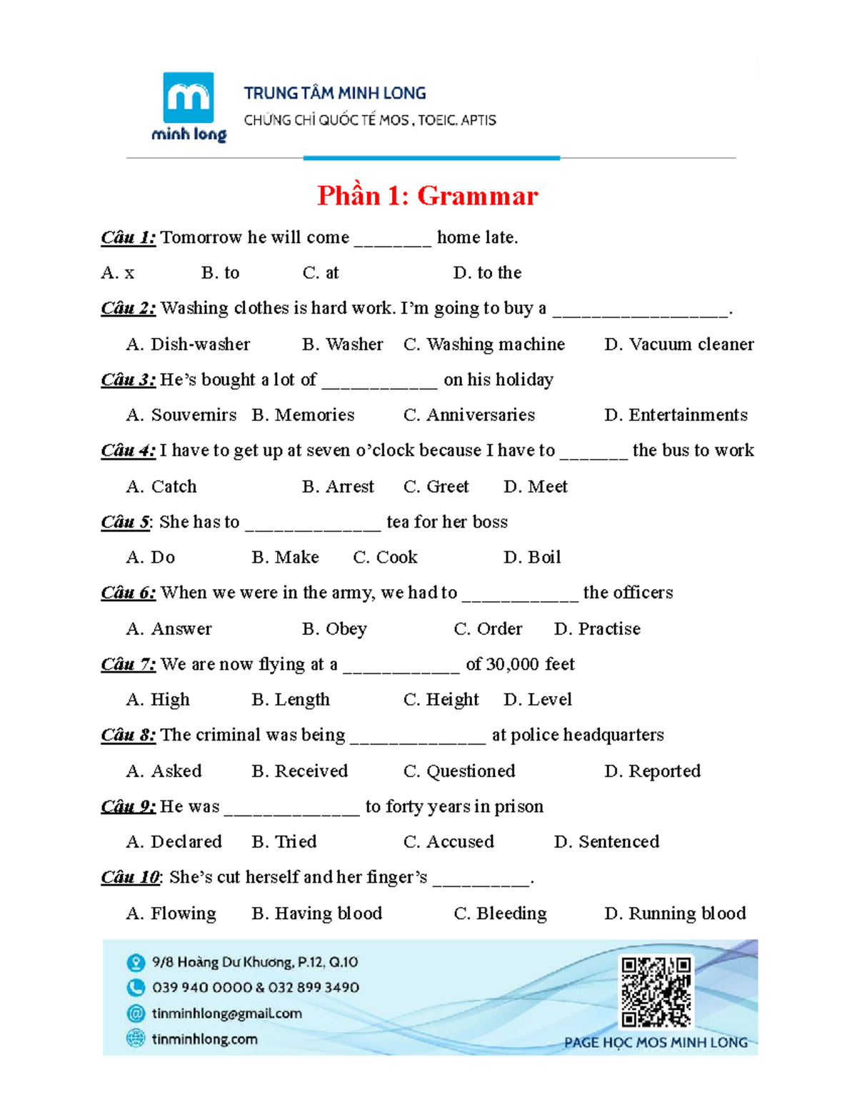 Đề TADV OU 1 - Tiếng Anh: Grammar & Reading Exercises - Studocu