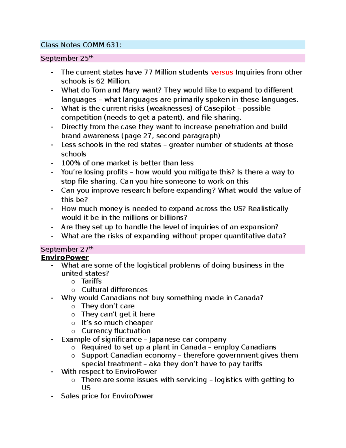 Class Notes COMM 631 - Analysis of EnviroPower Market Strategies - Studocu
