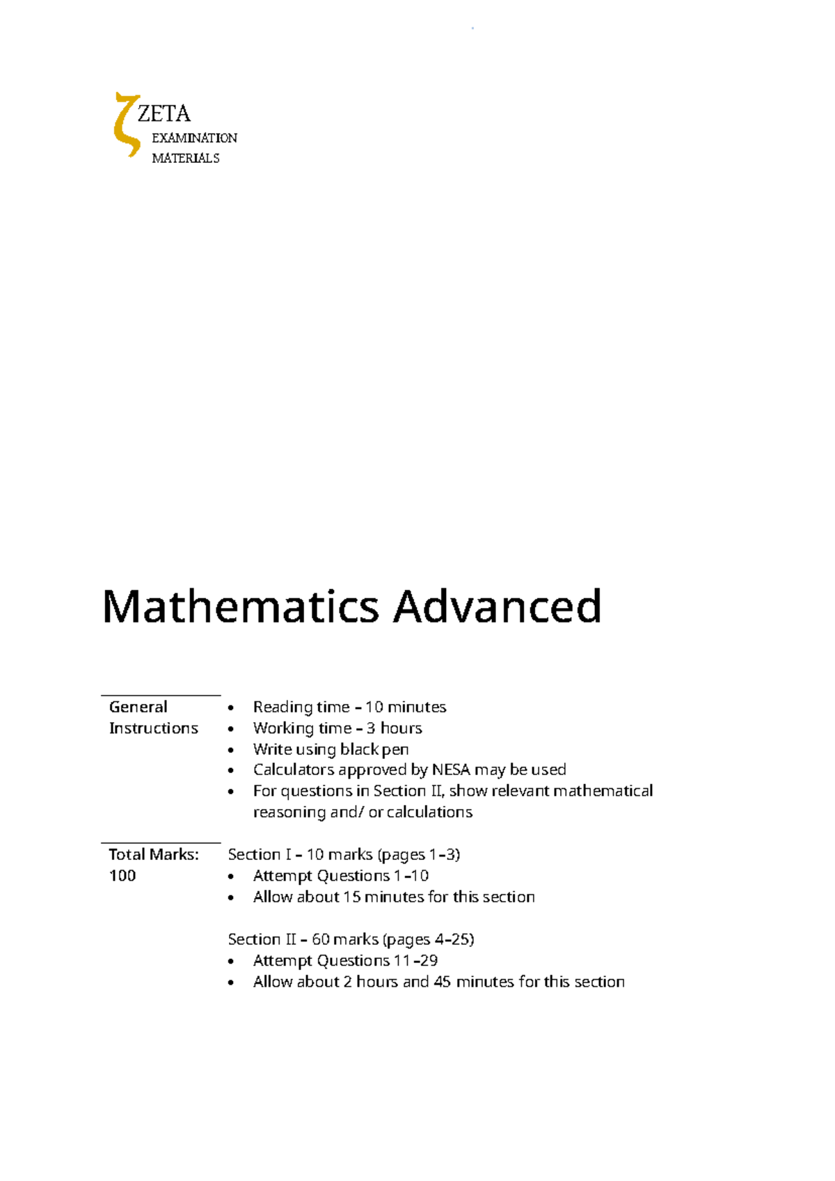 Zeta Advanced Mathematics Examination Materials 2023 - Studocu