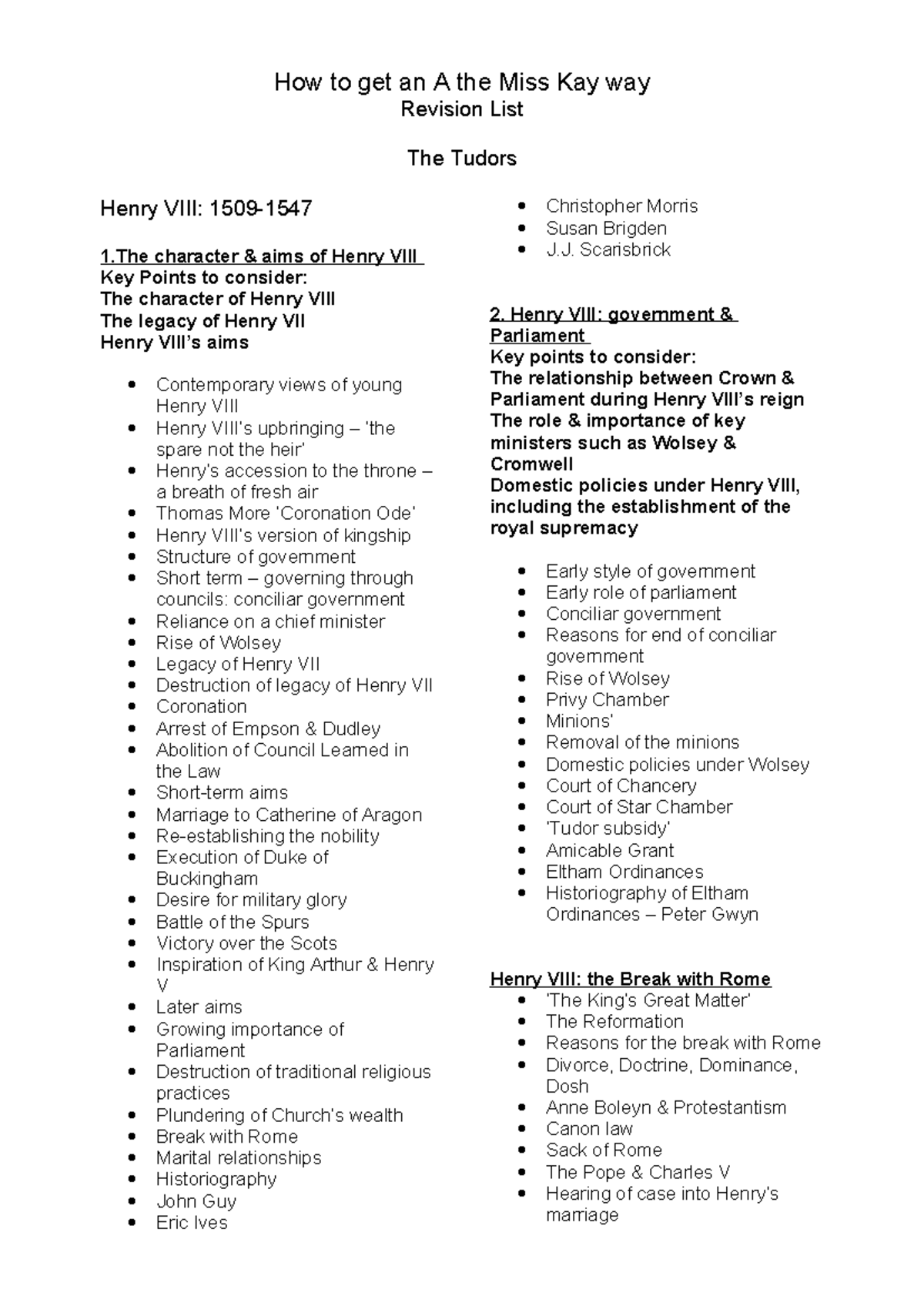 Henry VIII Revision List: Key Points on Governance, Religion, and ...
