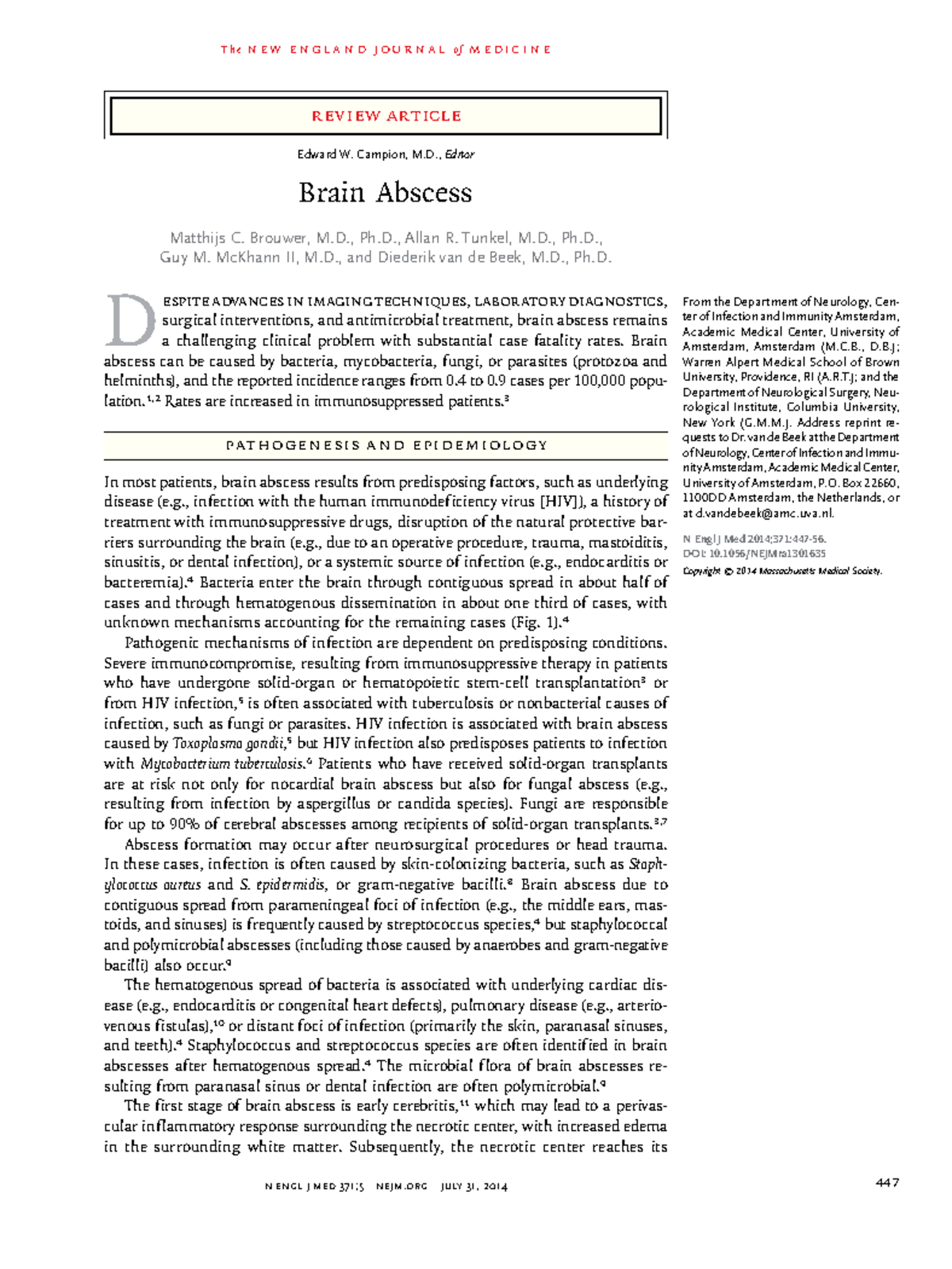 Brain Abscess Review Article - NEJM 2014 - Studocu