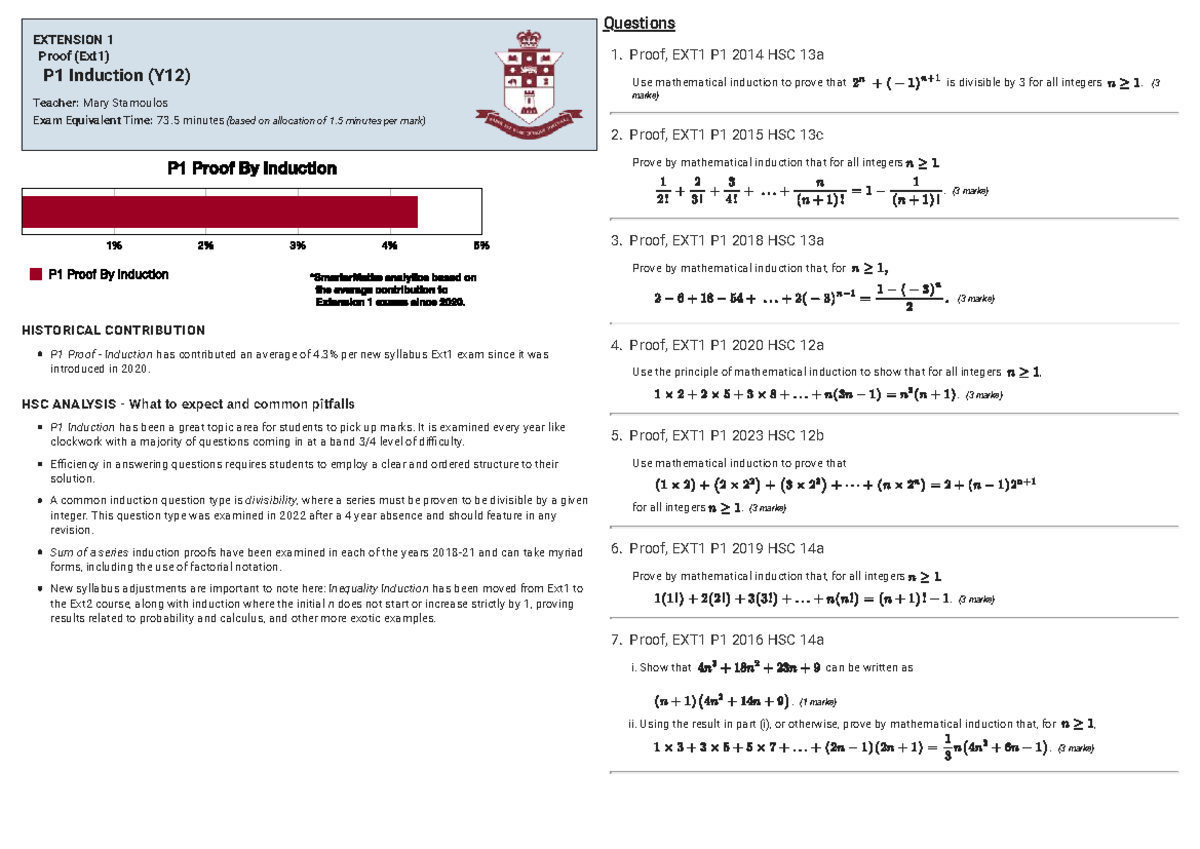 Mathematical Induction Notes (EXT1) for HSC Exam Preparation 2023 - Studocu