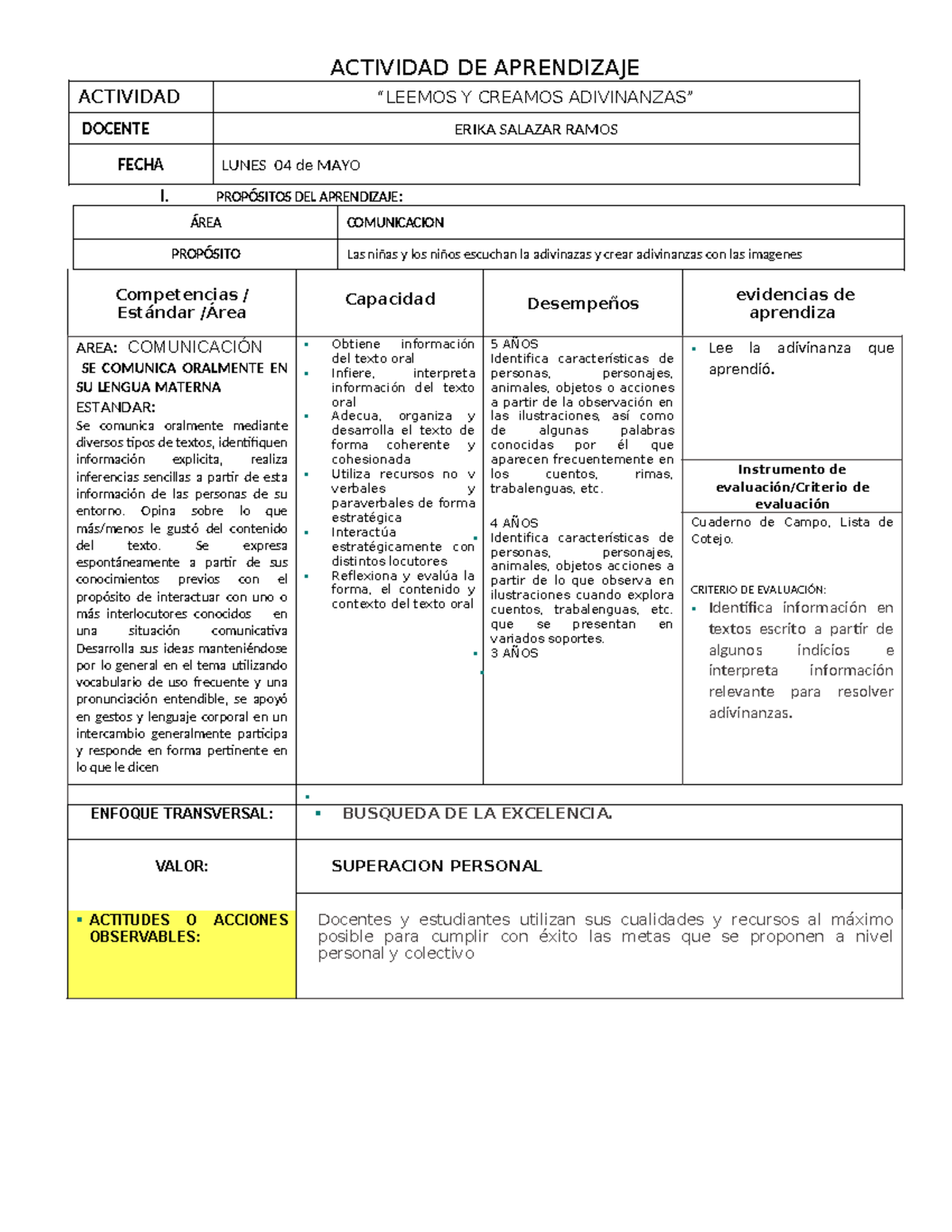 Actividad de Aprendizaje: Creación de Adivinanzas - Comunicación 04/05 ...