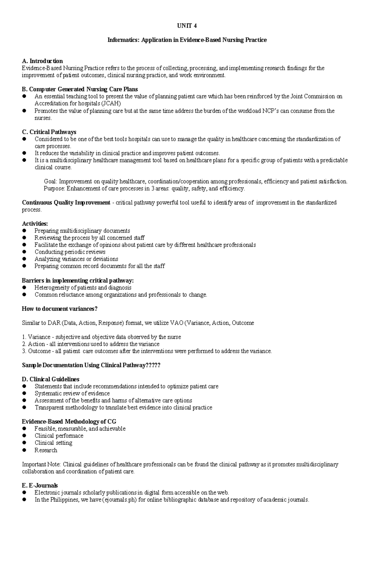 NUR 101: Informatics in Nursing Practice - Unit 4 & 5 Overview - Studocu