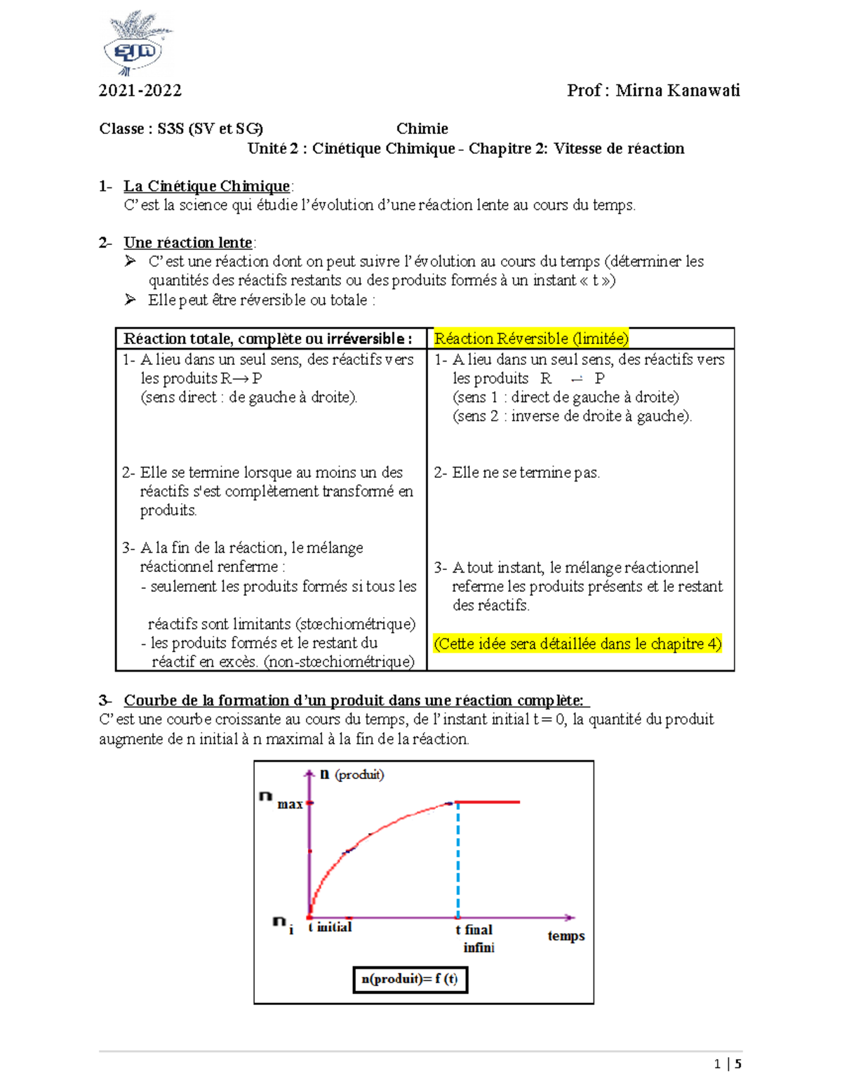 Cours S3S Chapitre 2 Vitesse de Réaction en Cinétique Chimique Studocu — free download