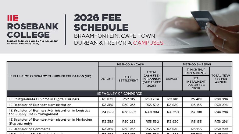 2026 Fee Schedule For IIE Programmes At Rosebank College Studocu