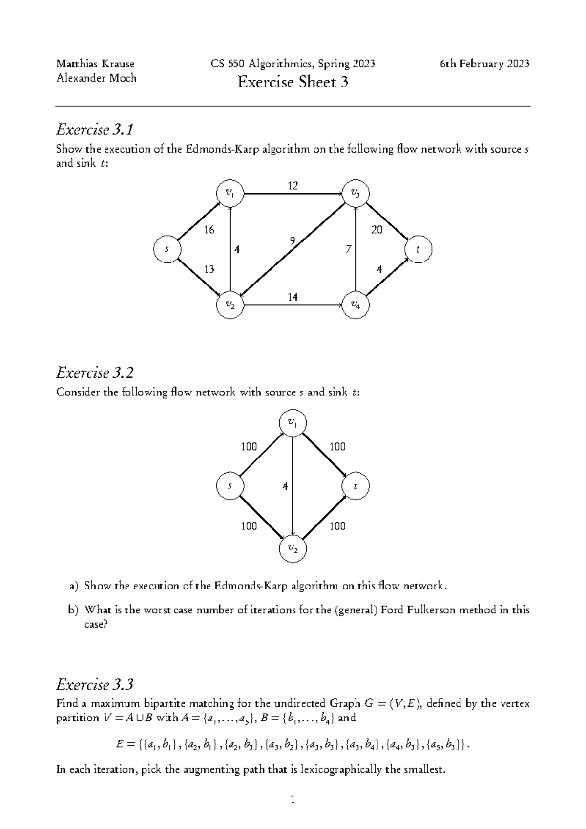 CS 550 Exercise Sheet 3: Edmonds-Karp Algorithm & Max Matching - Studocu