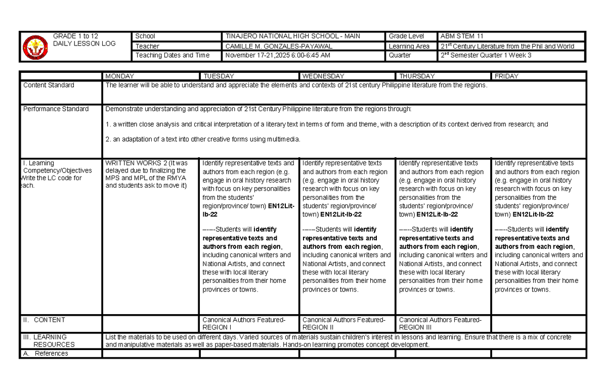 21st Century Literature Lesson Plan W3 Q1-2S for ABM STEM 11 - Studocu