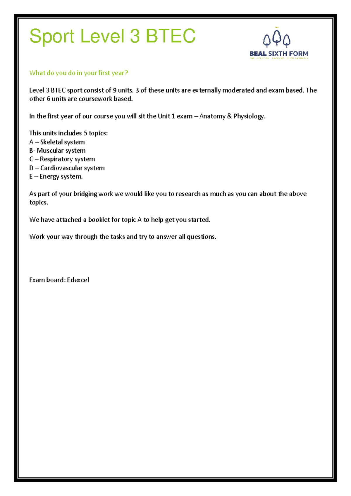 BTEC Level 3 Sport Unit 1: Anatomy & Physiology Overview - Studocu