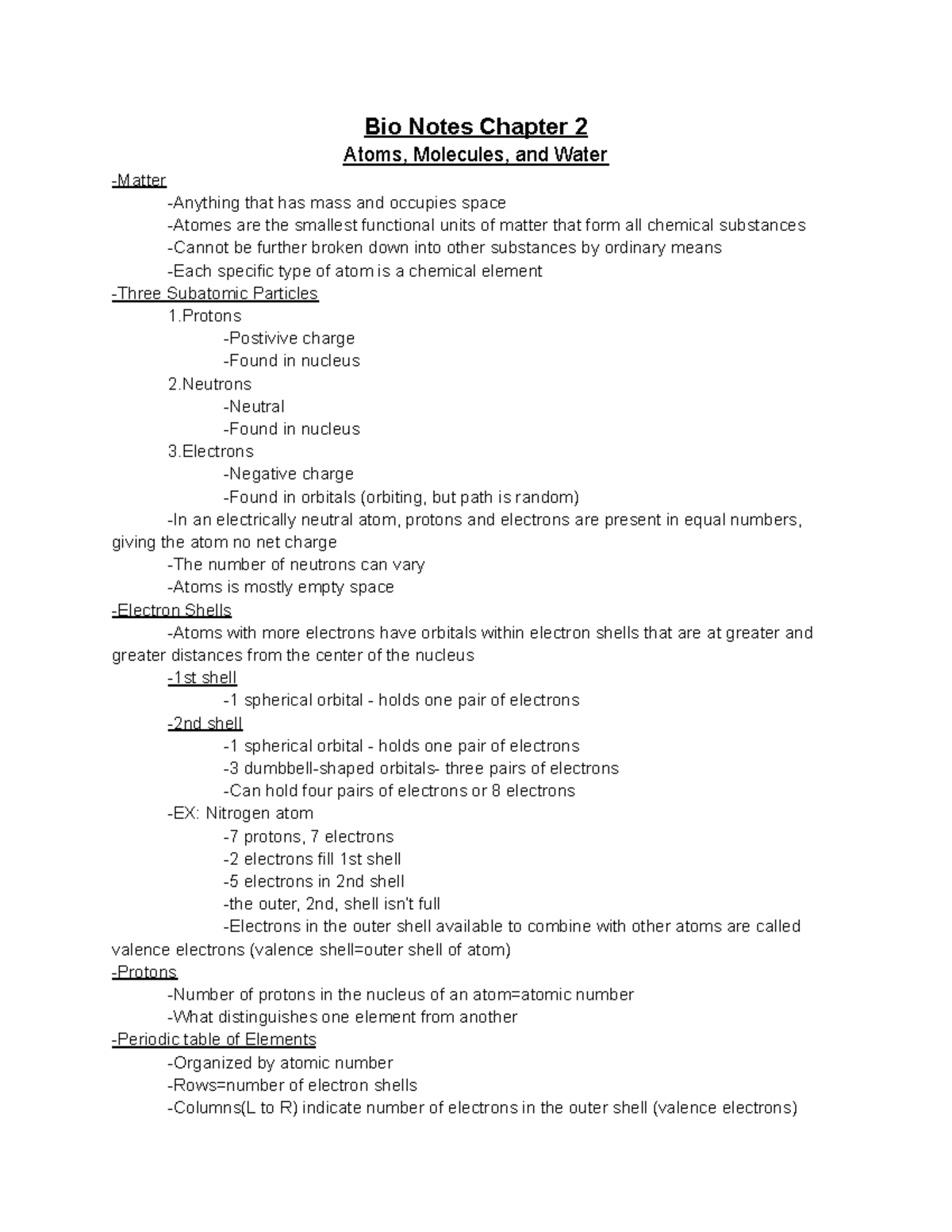 Bio Notes: Chapter 2 - Atoms, Molecules, and Water Fundamentals - Studocu