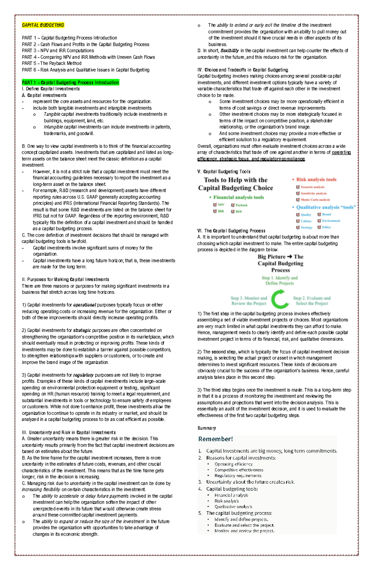 Final Exam Notes: Capital Budgeting Concepts and Cash Flow Analysis ...