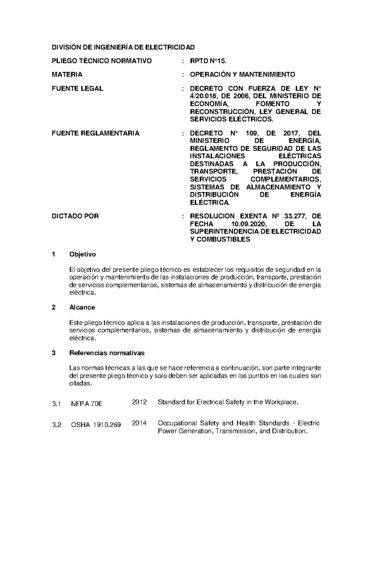 Pliego Técnico RPTD N°15: Normas para Operación y Mantenimiento ...