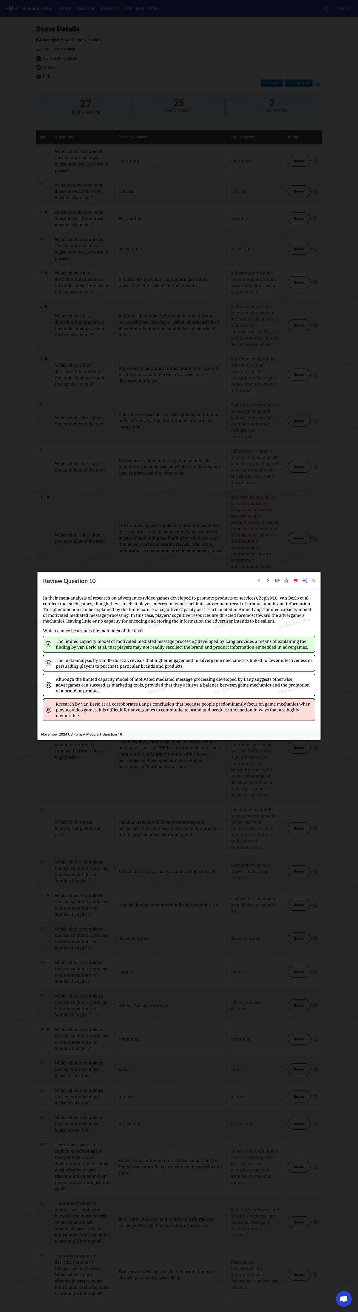 Bluebook Plus - SAT Practice Tool Module 1 Score Details November 2024 ...