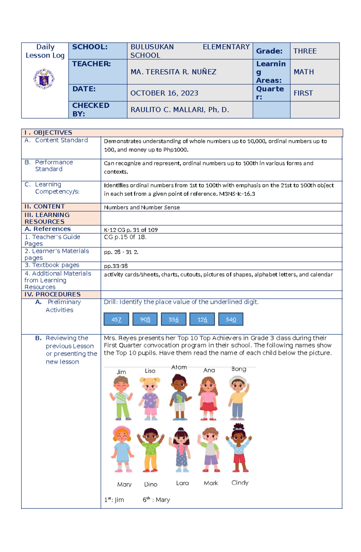 Grade 3 COT DLL - Ordinal Numbers Lesson Plan - Studocu