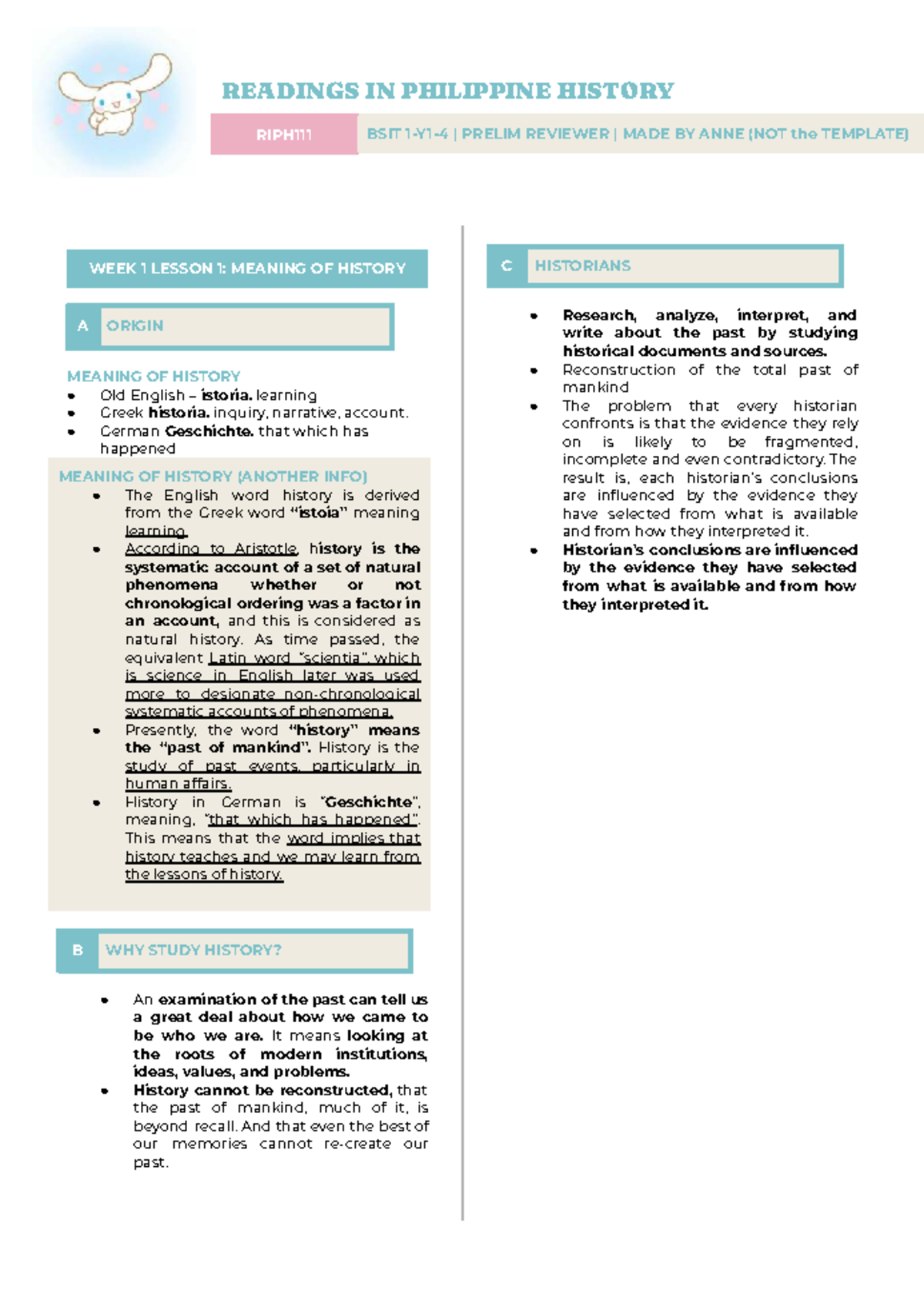 RIPH prelim reviewer - WEEK 1 LESSON 1: MEANING OF HISTORY A ORIGIN ...