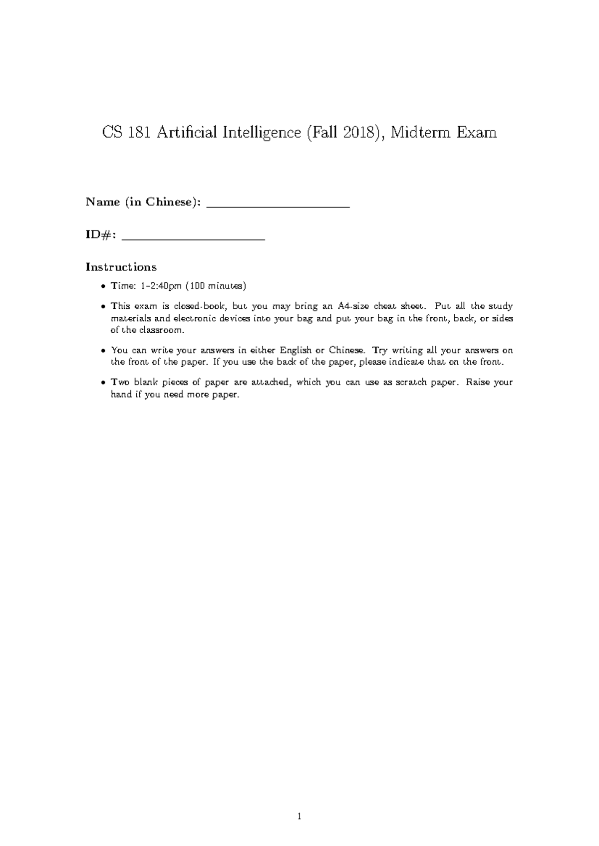 CS 181 Fall 2018 Midterm Exam Study Guide and Practice Questions - Studocu