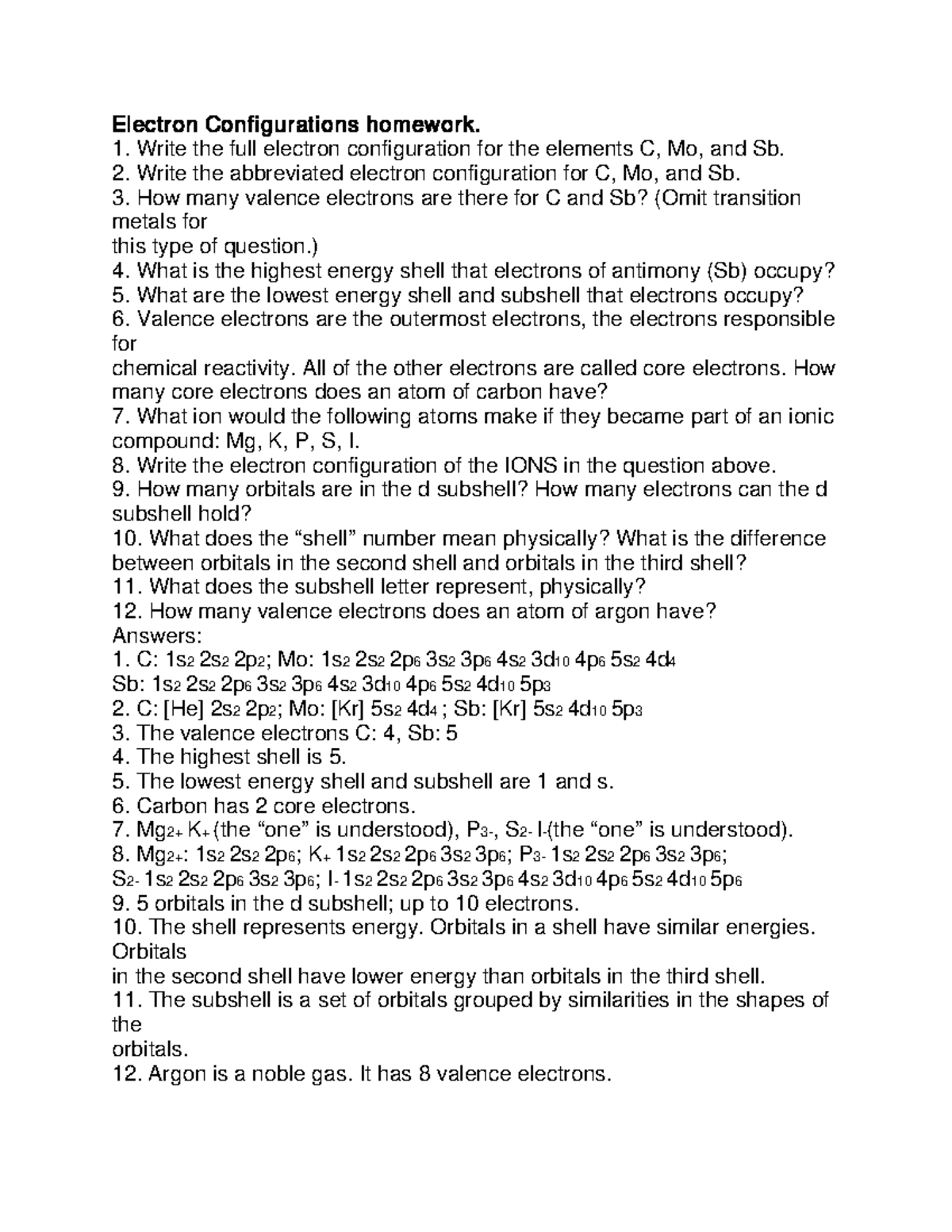 Chemistry 101: Electron Configurations Homework Guide - Studocu