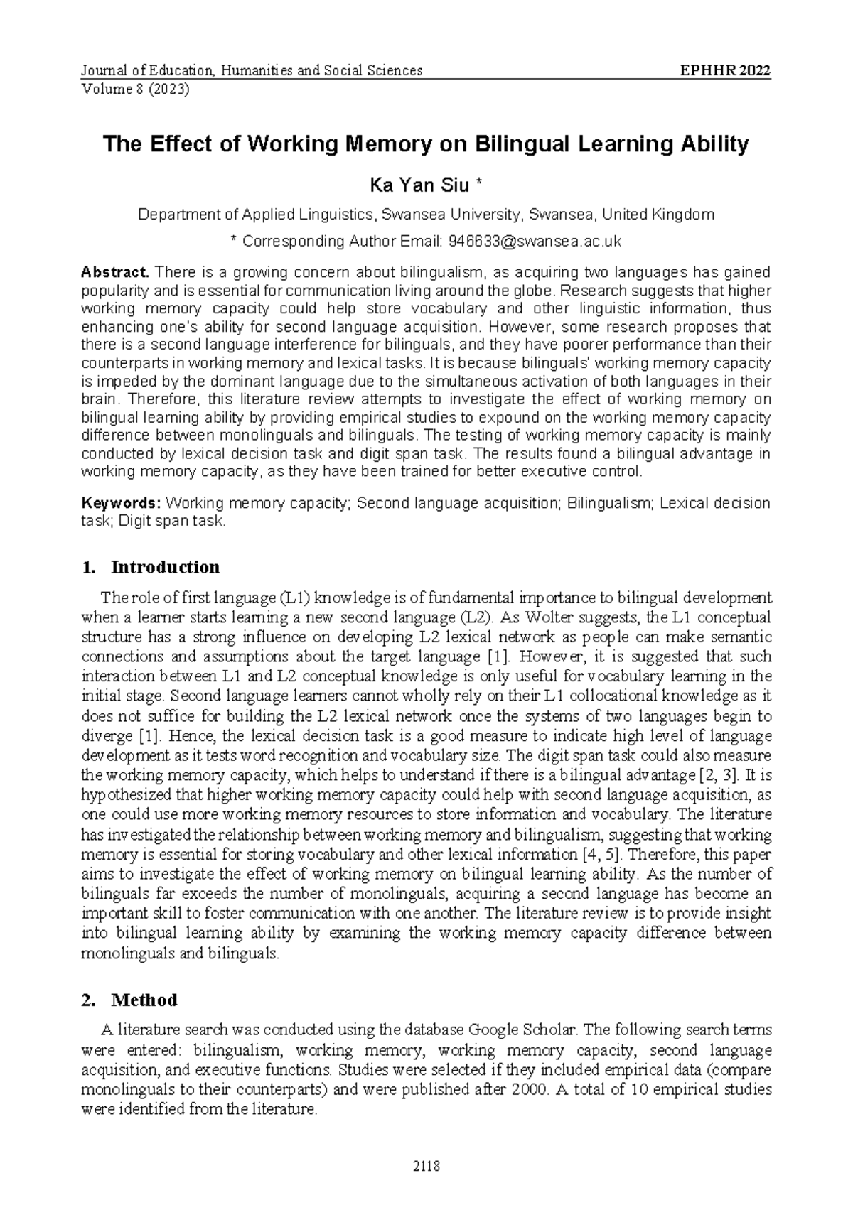 The Effect of Working Memory on Bilingual Learning Ability: EPHHR 2022 ...