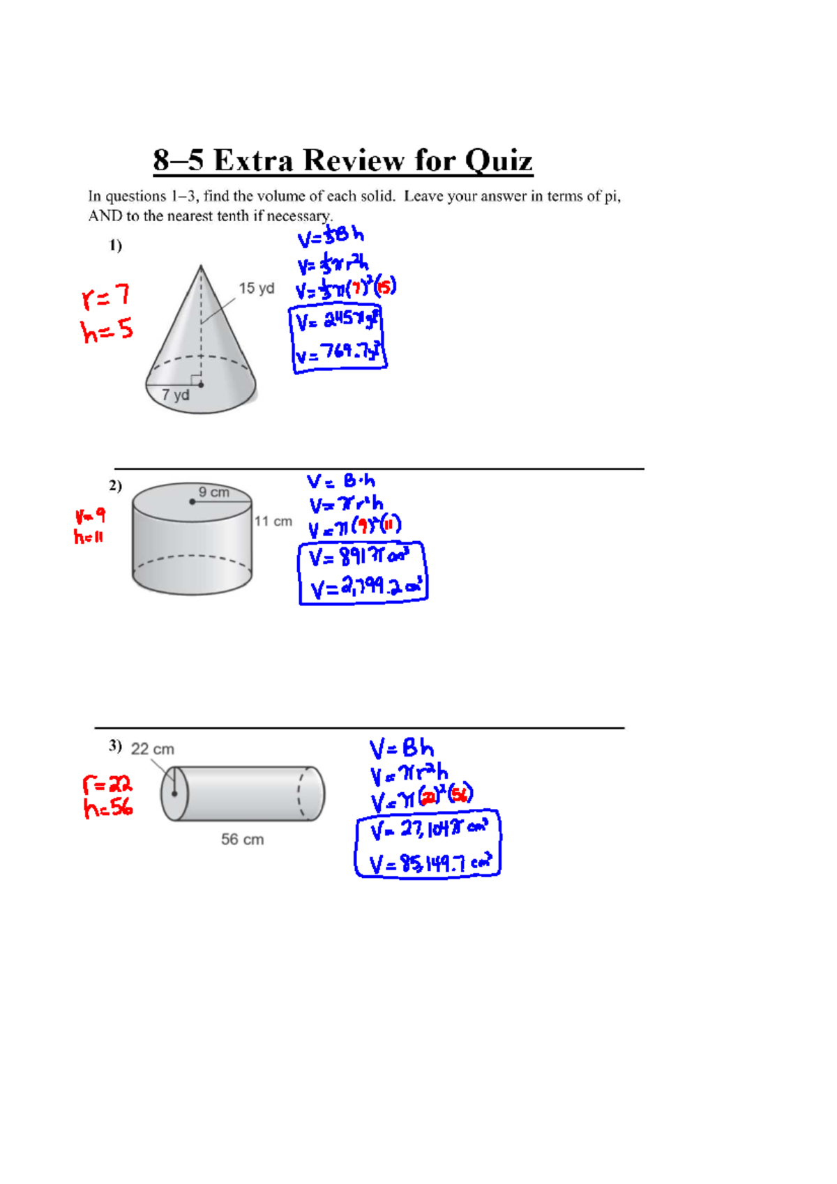 8-5 Extra Quiz Review: Volume of Solids in Terms of Pi - Studocu