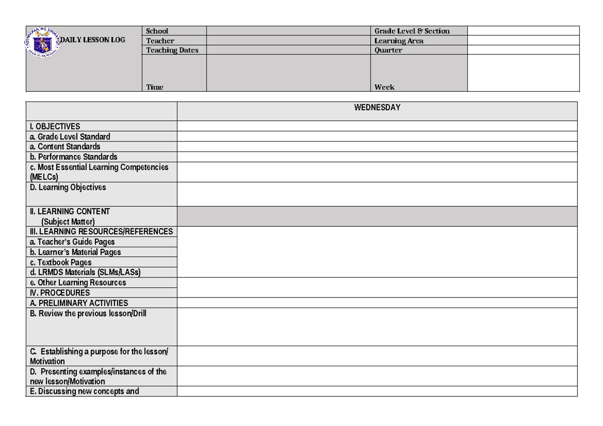 Lesson Plan Template for Daily Lesson Log - Grade Level Planning - Studocu
