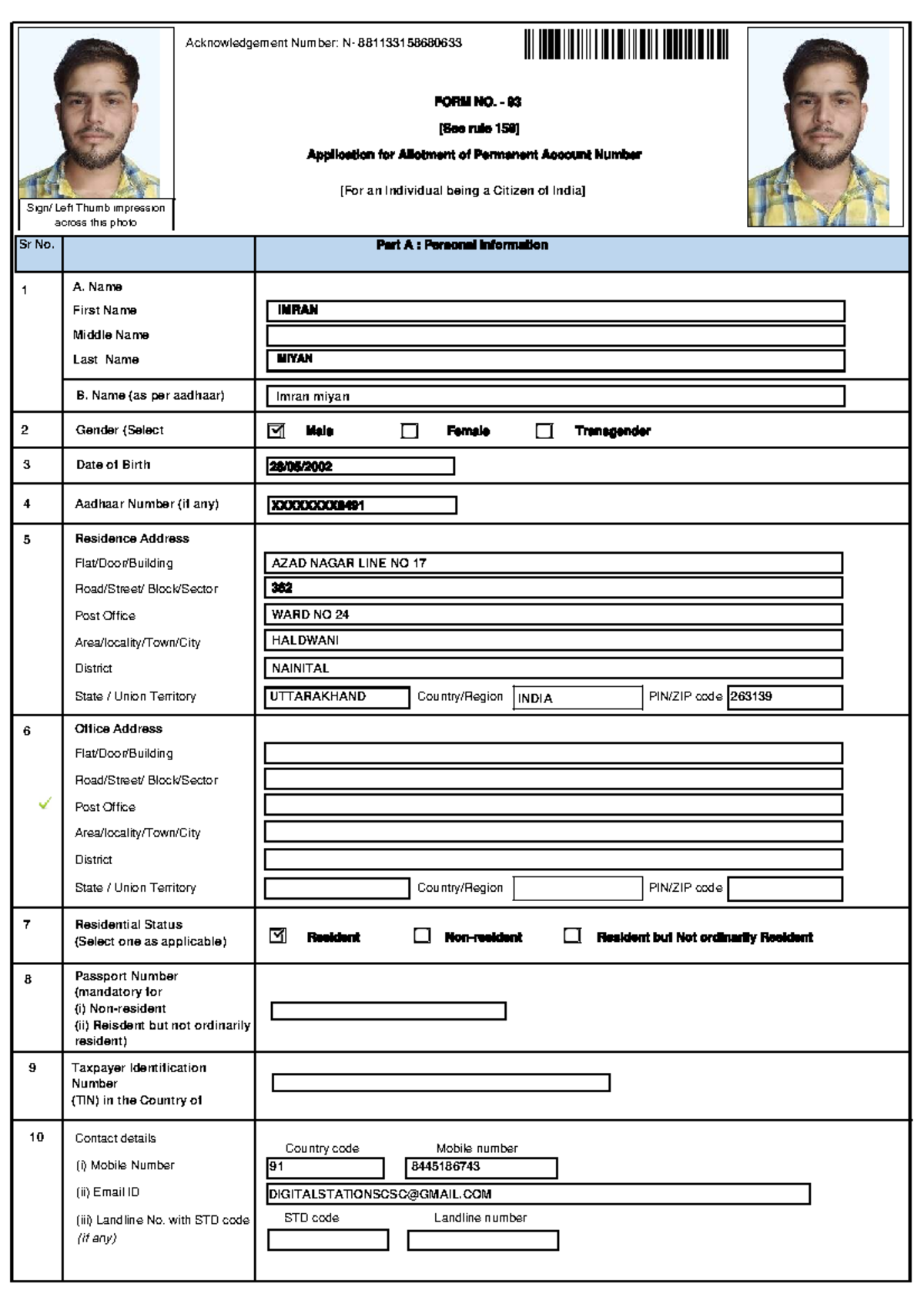 Application for Allotment of PAN - Form No. 93 - Studocu