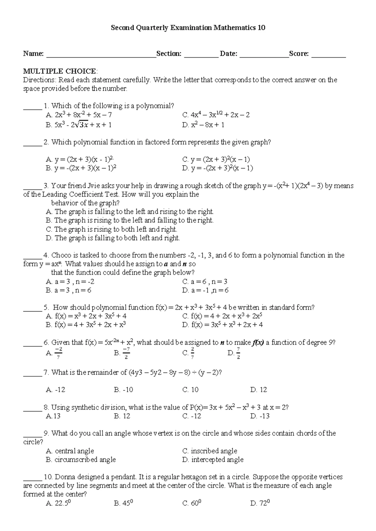 Math 10 - 2nd Quarter Exam Review and Multiple Choice Questions - Studocu