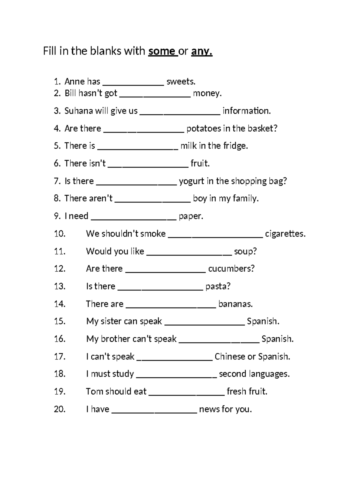 Fill in the Blanks with Some or Any: Practice Exercise - Studocu