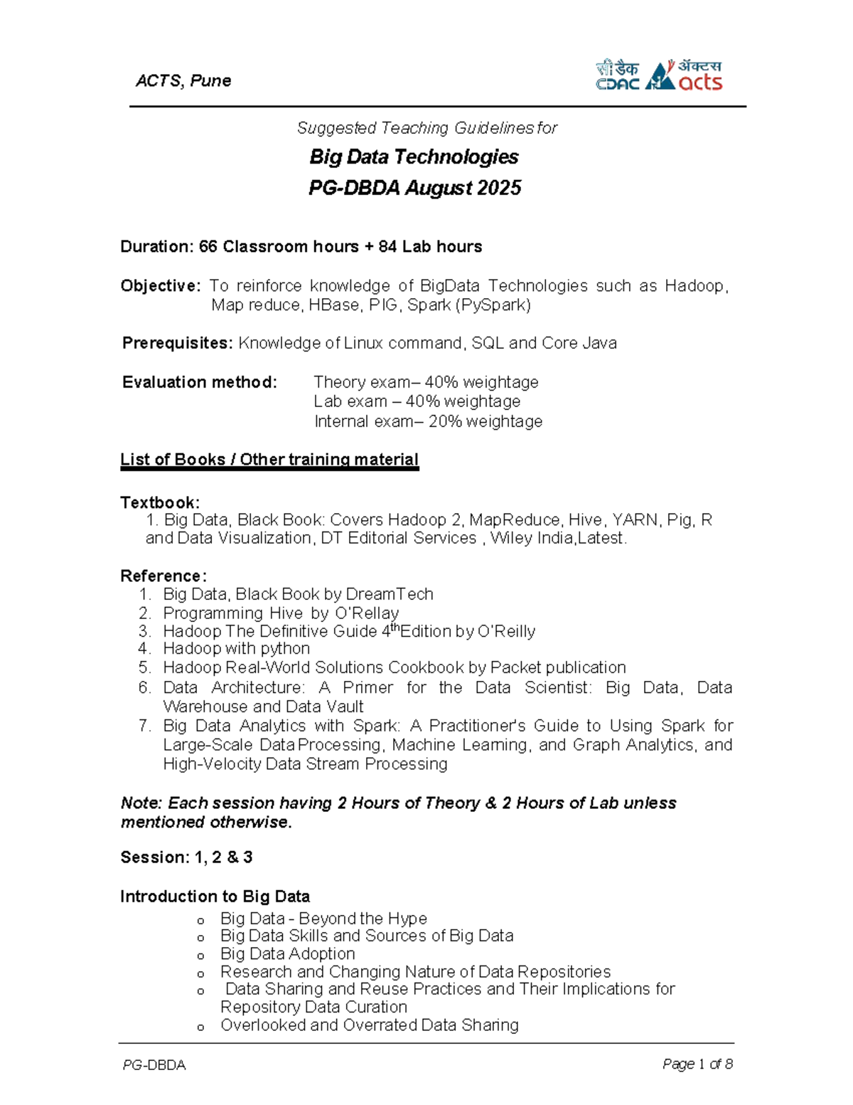 ACTS BDT Teaching Guidelines: Big Data Technologies Overview - Studocu