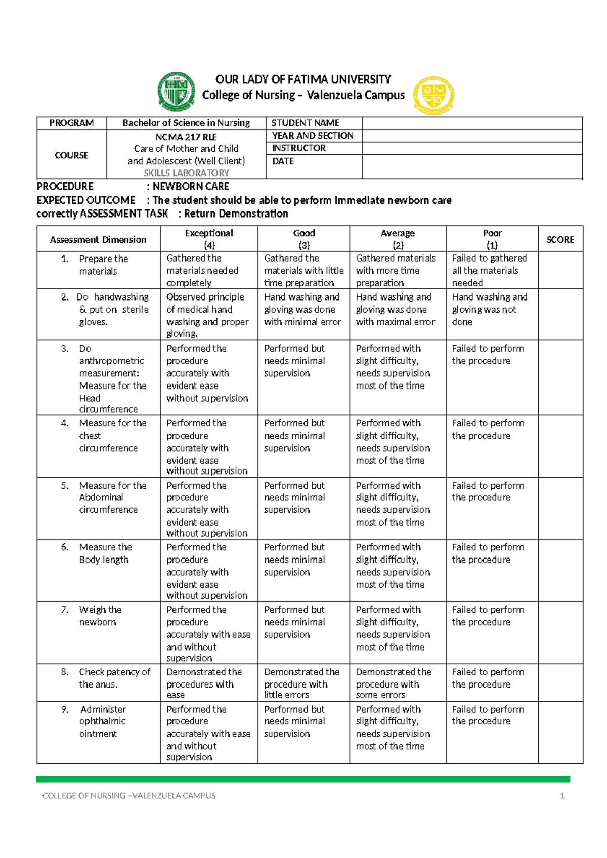 NCMA 217 RLE Newborn Care Rubric for Nursing Students - Studocu