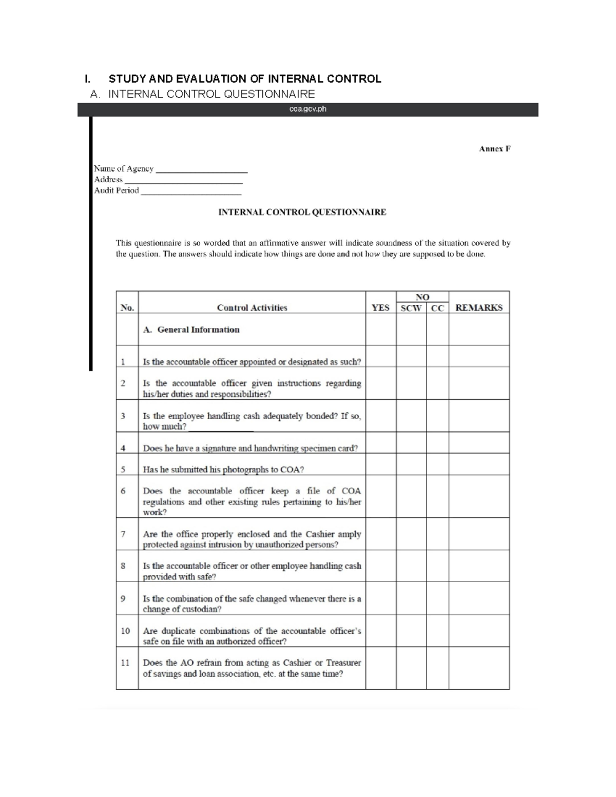 Aud-theo - Sample of INTERNAL CONTROL QUESTIONNAIRE, NARRATIVE ...