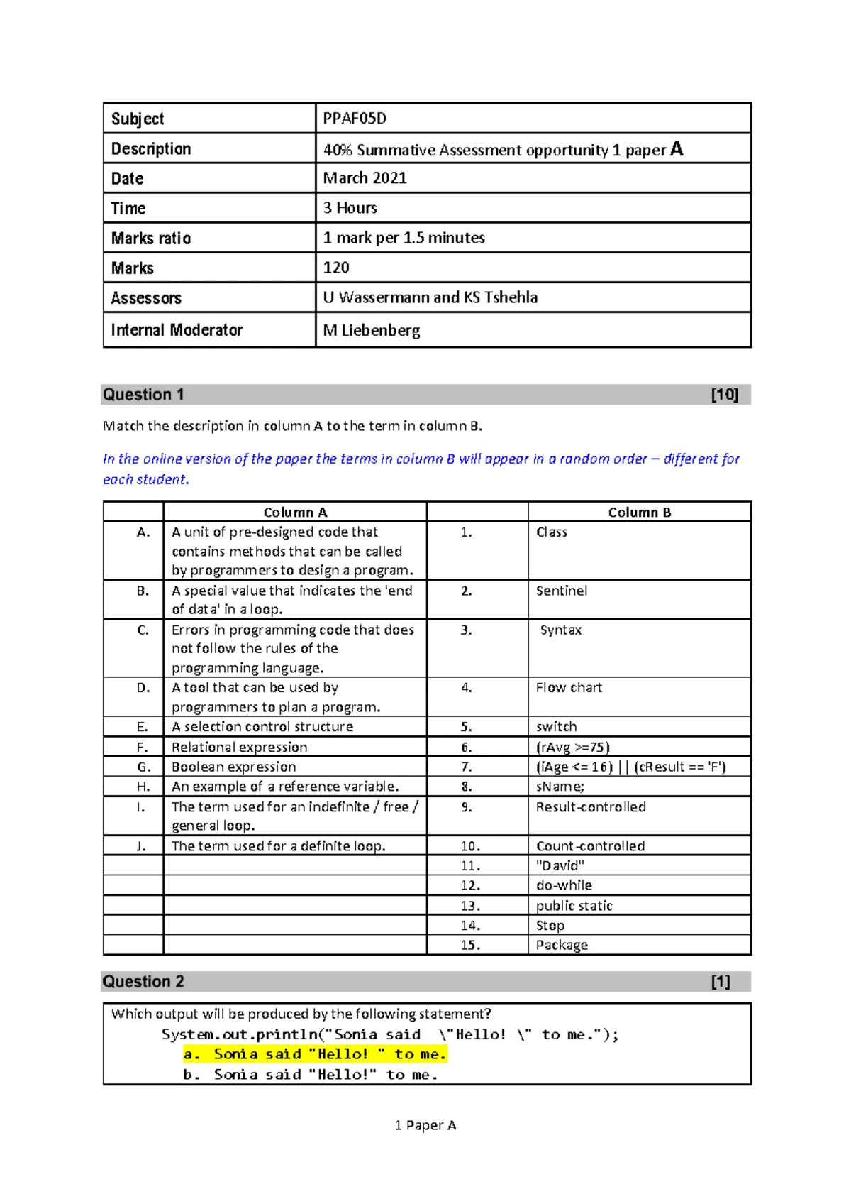 NC2420 - Principles of Computer Programming L3 P2 Final Exam QP 2019 ...