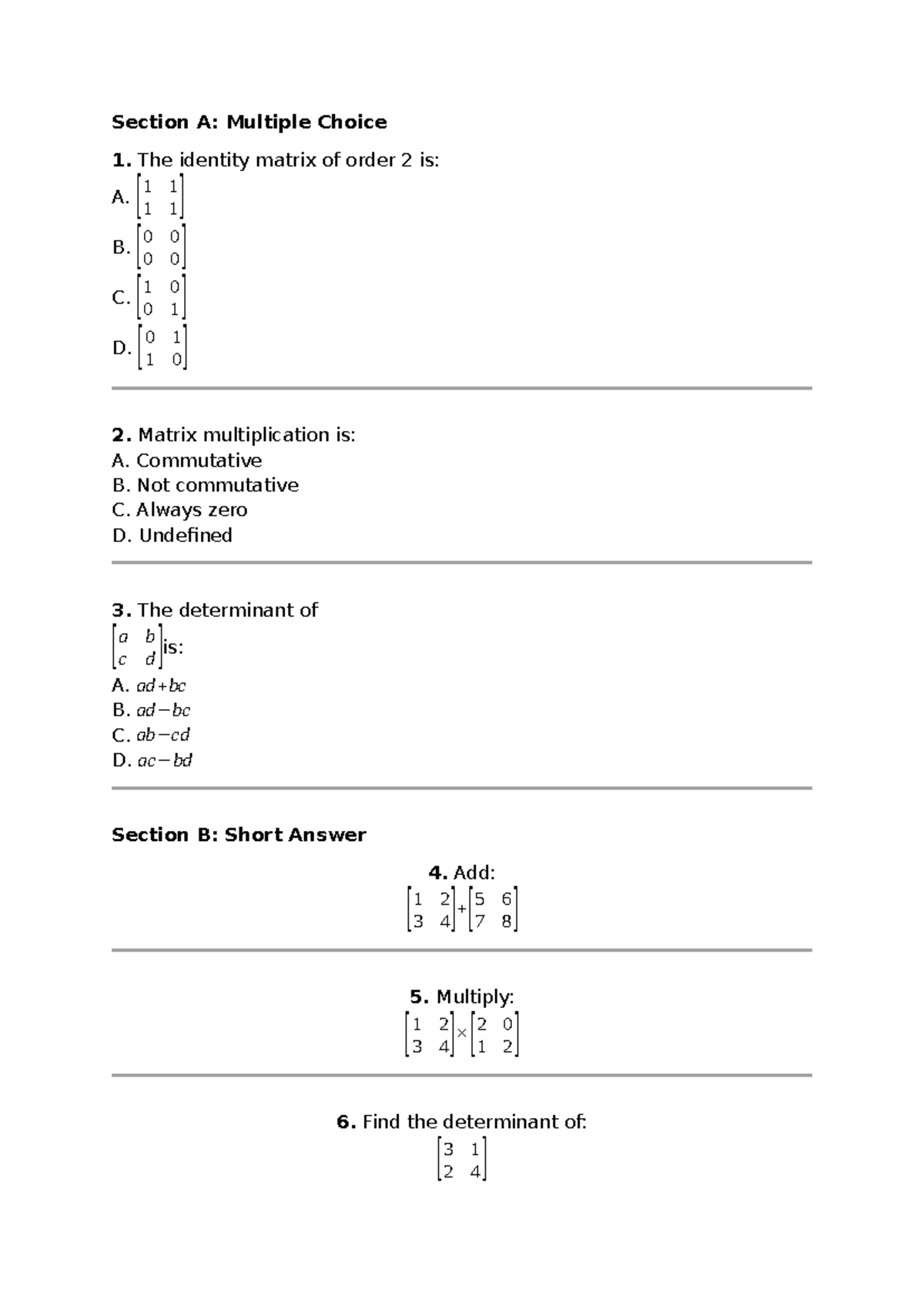 Beginner Matrices Test: MCQs & Short Answers - Studocu