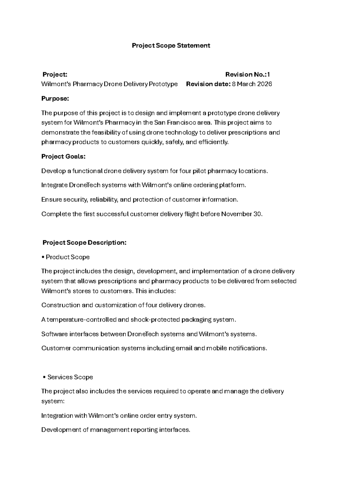 Pharmacy Drone Delivery Prototype Project Scope Statement (Proj 1 ...