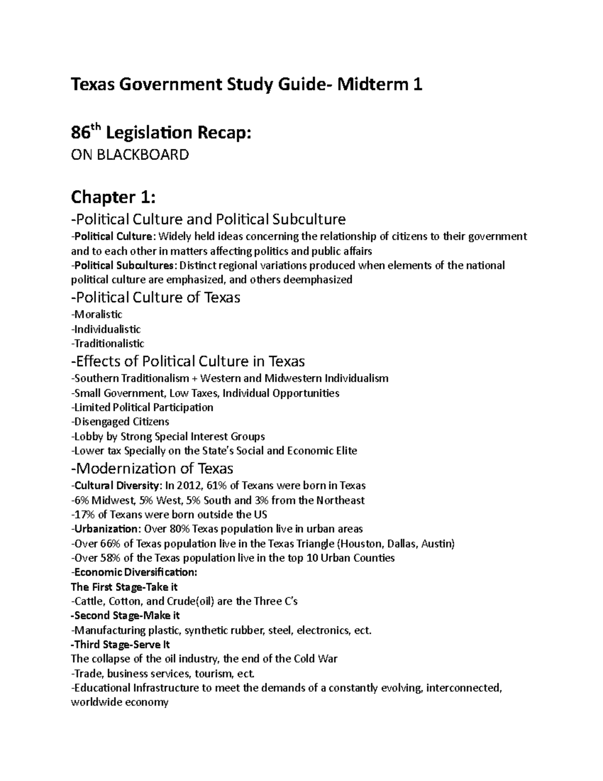 Texas Government Notes - Texas Government Study Guide- Midterm 1 86 th ...