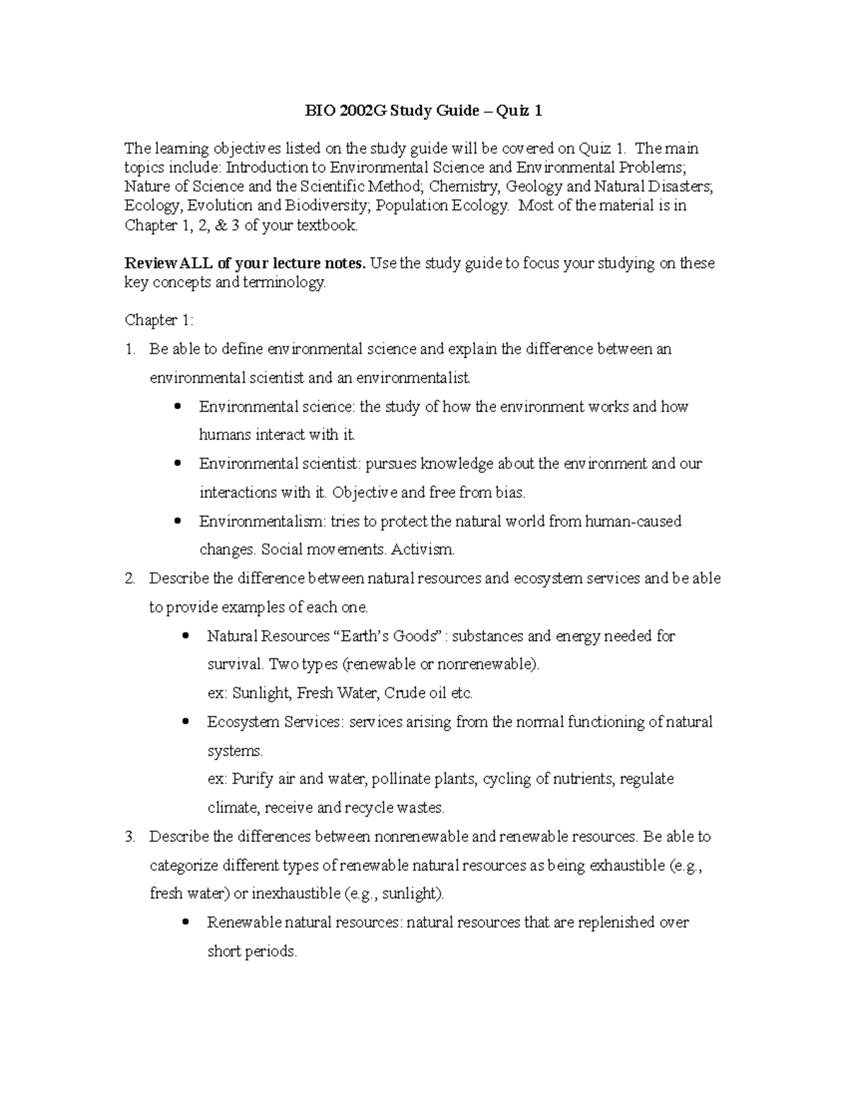 BIO 2002G Study Guide: Key Concepts for Quiz 1 on Environmental Science ...