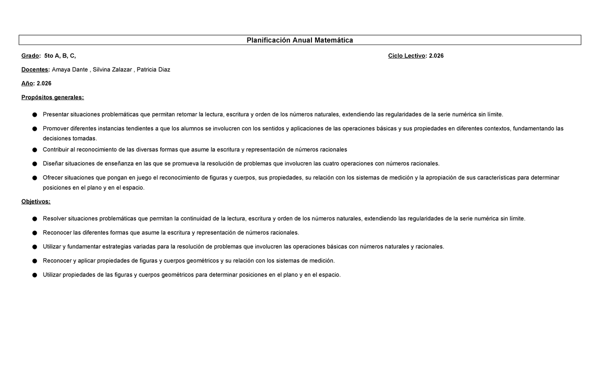 Planificación Anual Matemática 5to Grado A, B, C - Ciclo 2026 - Document Preview