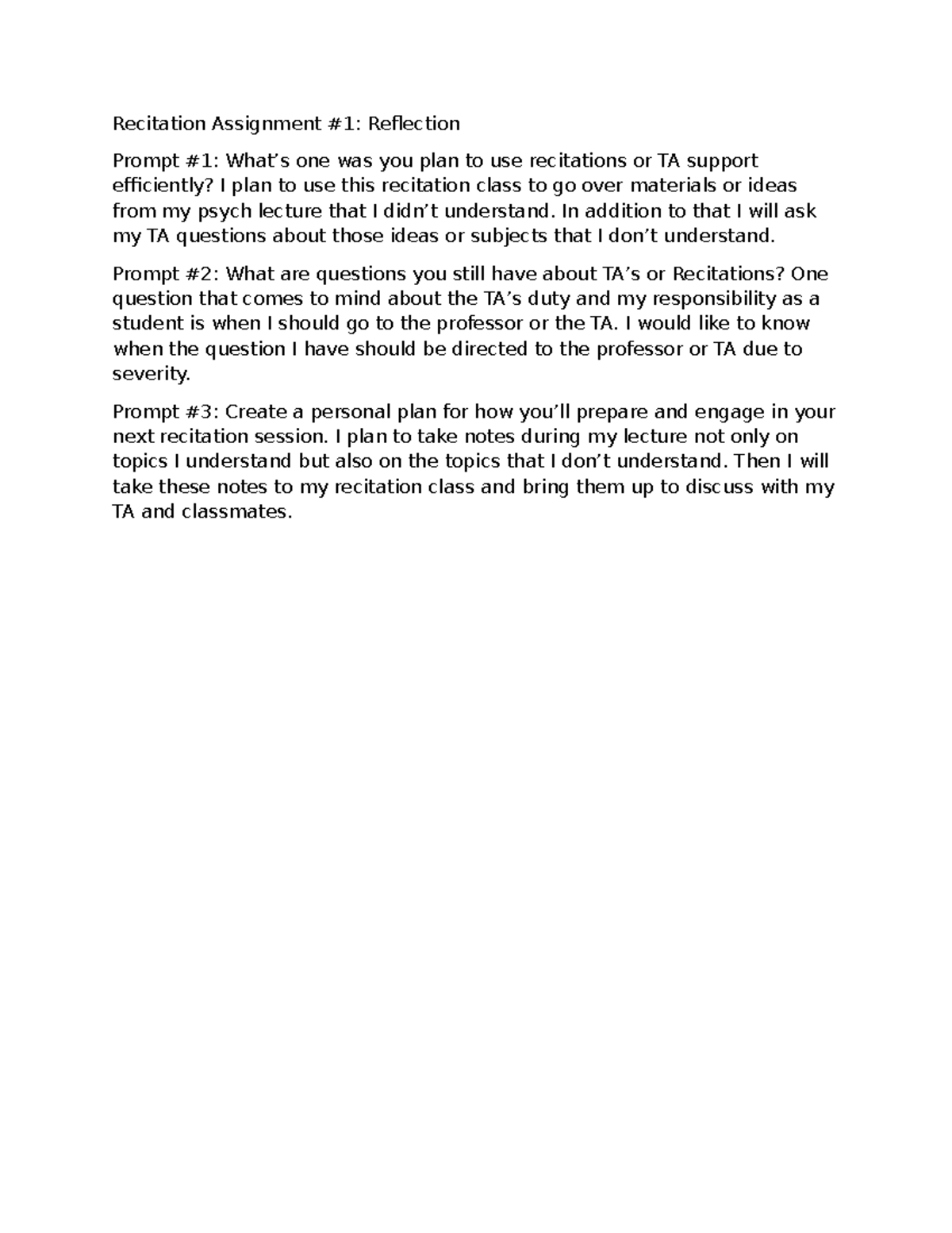 Recitation Assignment Reflection: Strategies for Effective Engagement ...