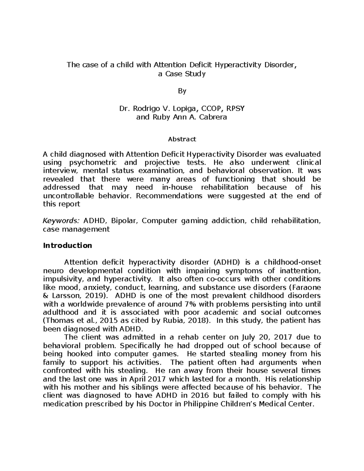 Case Study: ADHD in a Child - Evaluation and Recommendations (CCOP ...