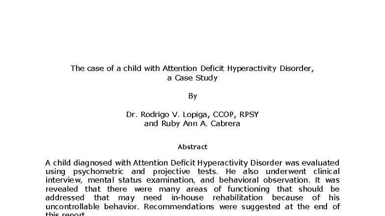 Case Study: ADHD in a Child - Evaluation and Recommendations (CCOP ...