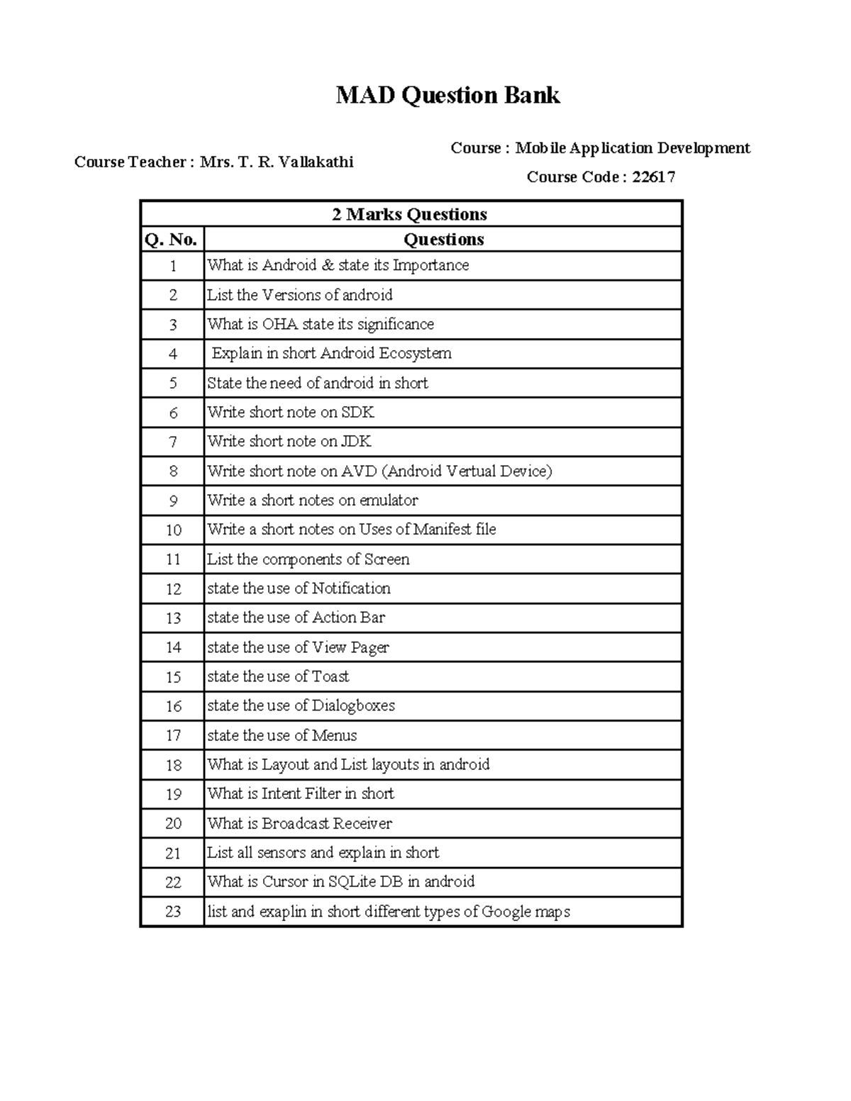 Mobile Application Development (22617) Final Exam Important Questions ...