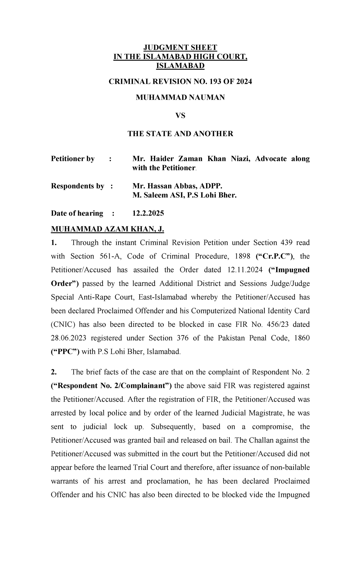 Criminal Revision No. 193/2024: Judgment Sheet on Proclaimed Offender ...