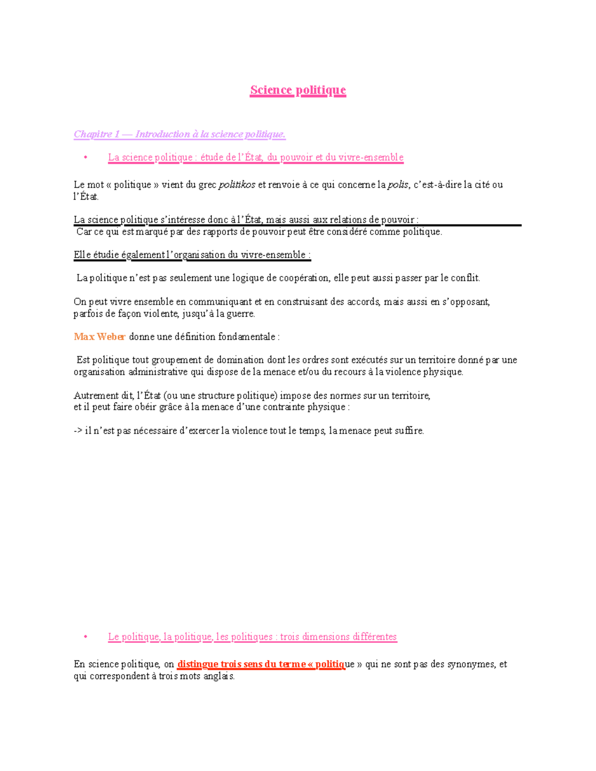 Science politique - Chapitre 1 : Introduction et Concepts Fondamentaux ...