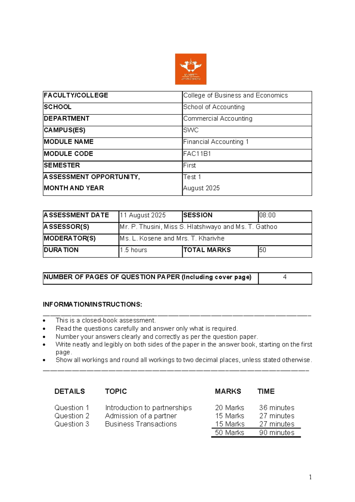 Financial Accounting 1B Test 1 - August 2025 Assessment - Studocu