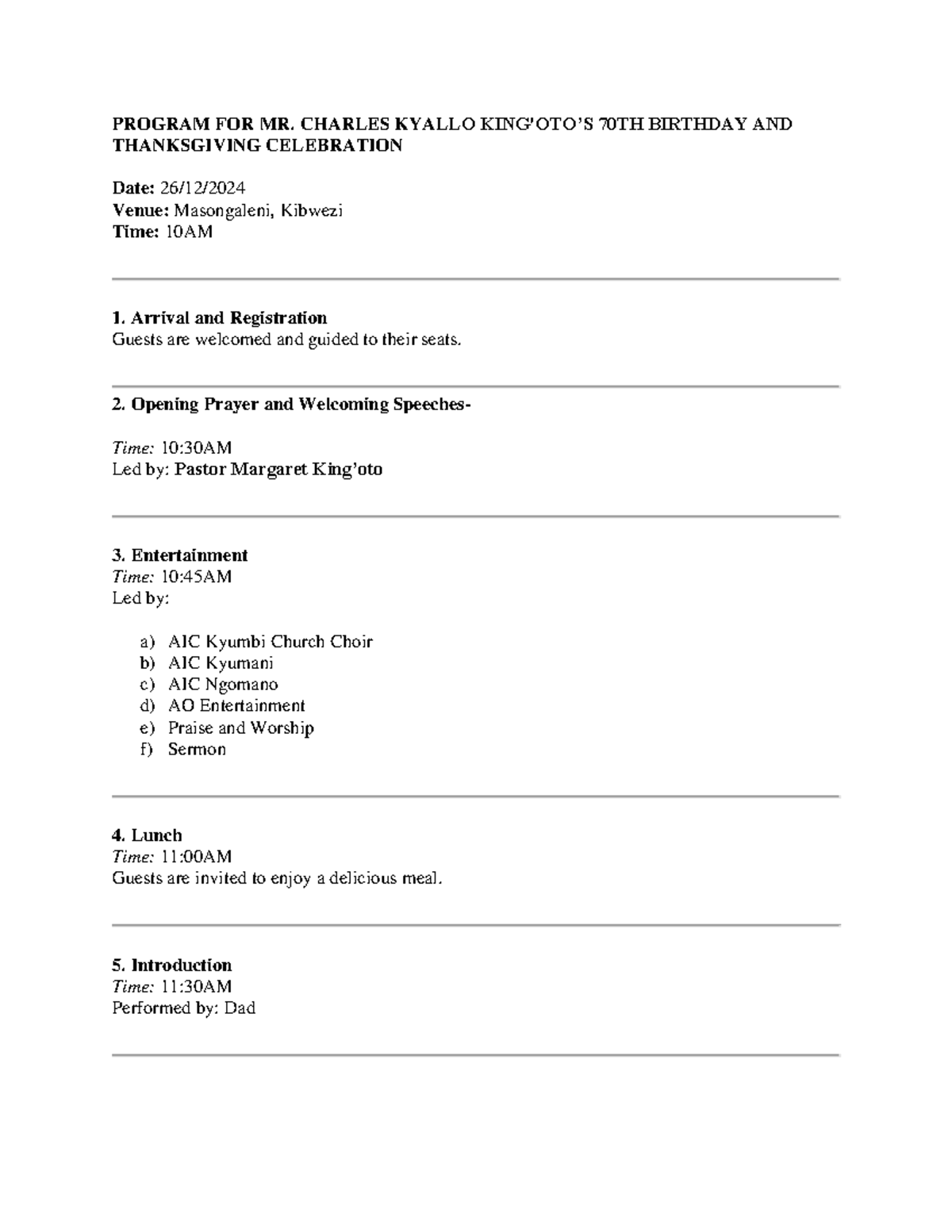 MR 70th Bday & Thanksgiving Celebration Program Planning - Studocu