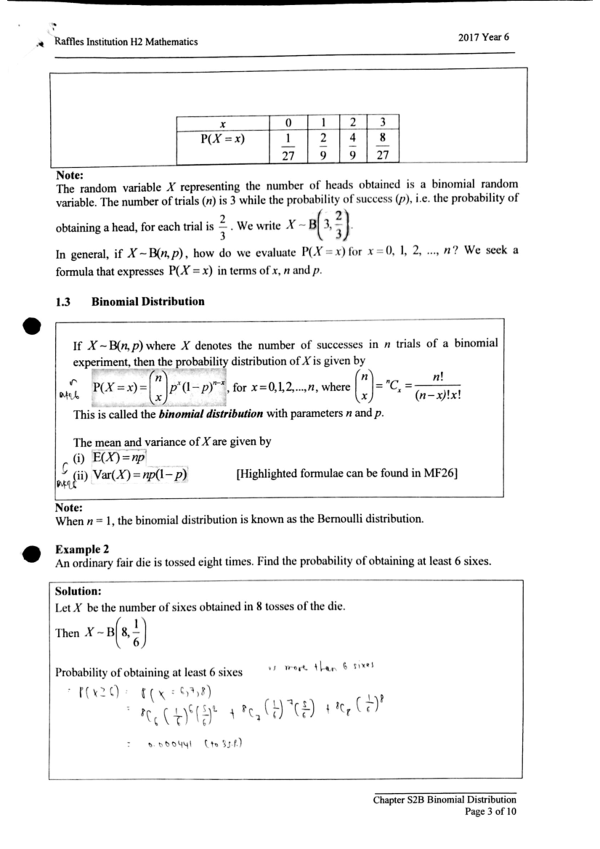 S2B H2 Math Binomial Distribution Notes and Examples - Studocu