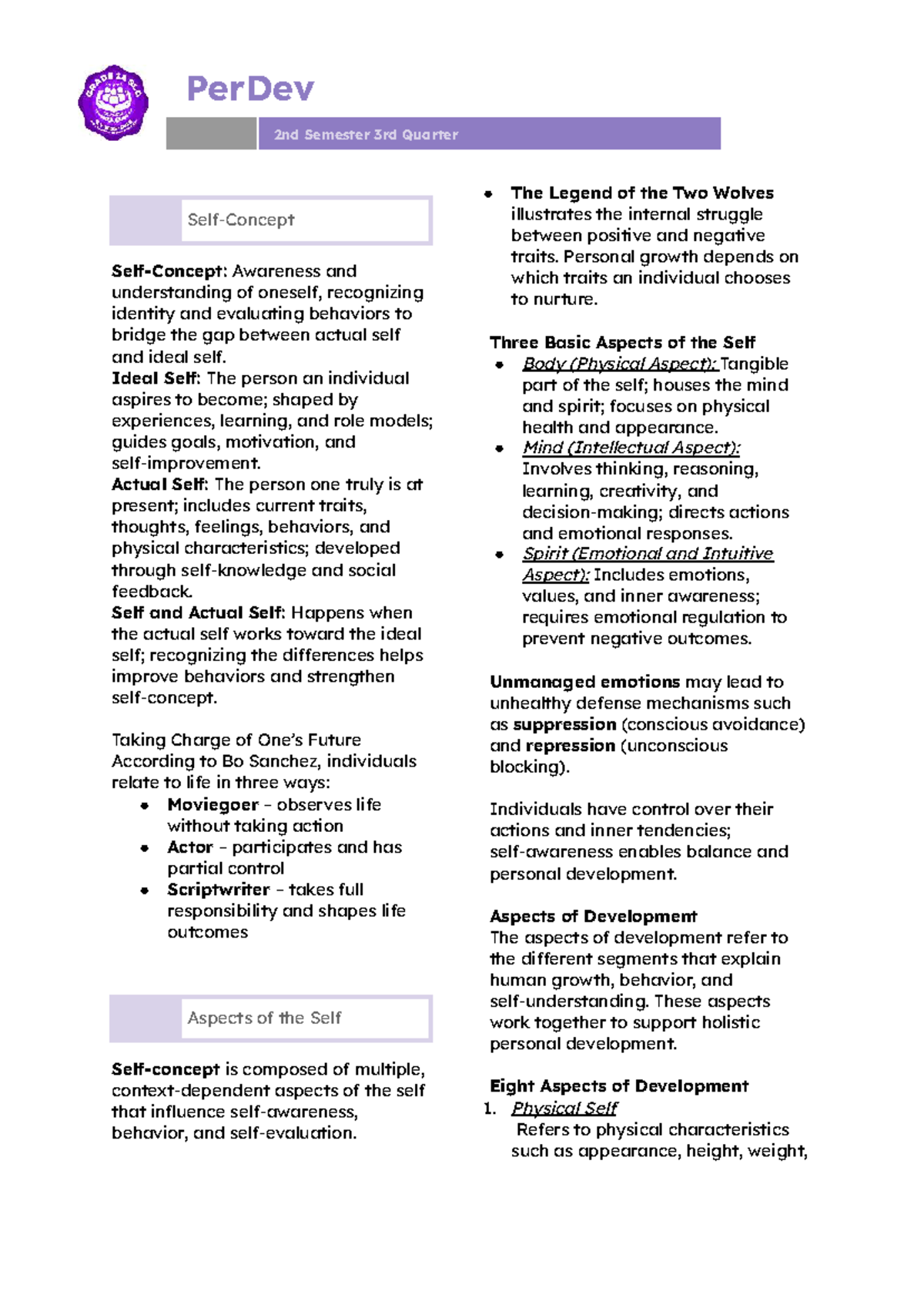 PerDev 12nd Sem 3rd Qtr - Self Awareness & Personal Development Review ...