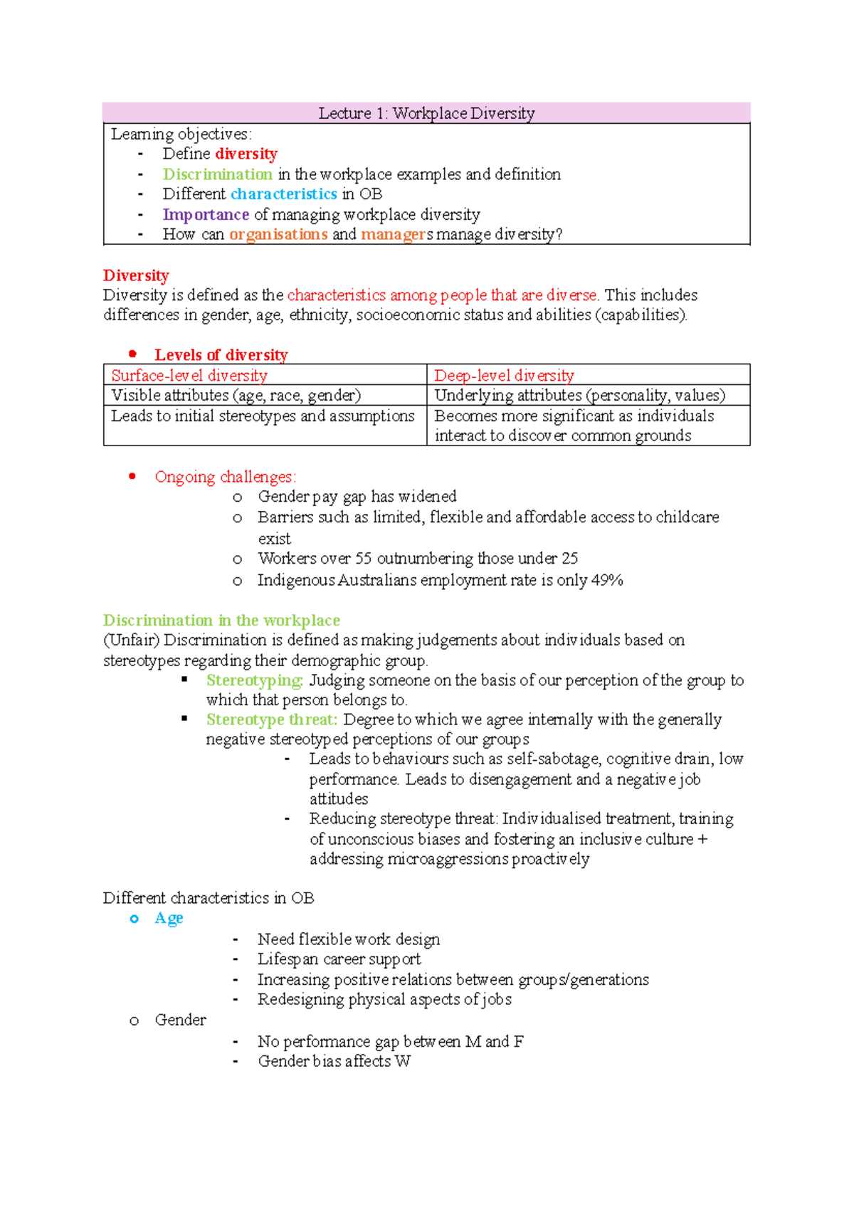 Lecture Notes: Workplace Diversity & Personality (Course Code: OB101 ...