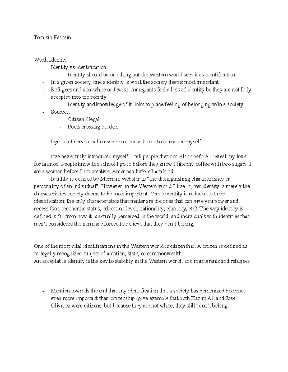 Definition essay - Tomisin Fasosin Word: Identity - Identity vs ...